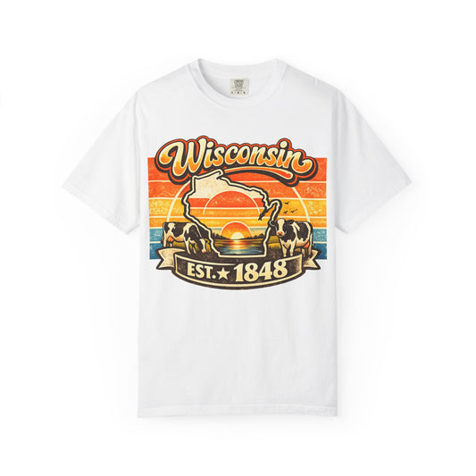 Wisconsin Retro Sunset T-Shirt — EST. 1848 Vintage State Pride Tee