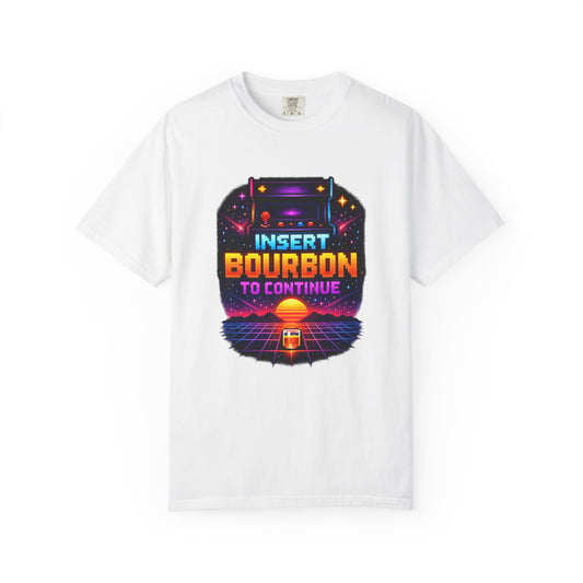 Insert Bourbon to Continue T-Shirt — Retro Neon Gamer Whiskey Tee
