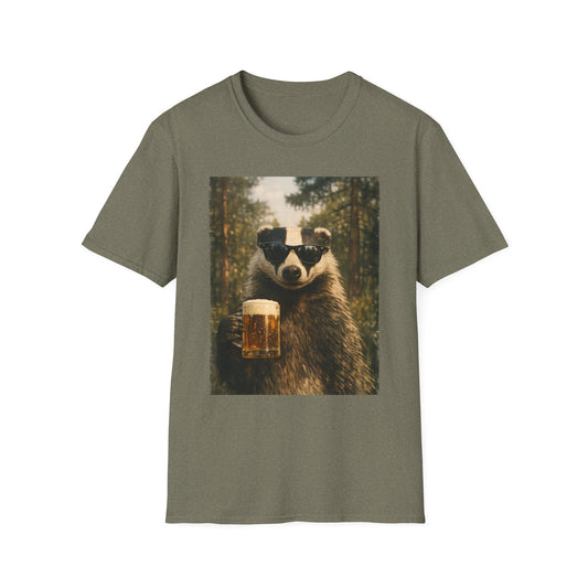 Badger Holding Beer T‑Shirt – Funny Forest Animal Drinking Tee