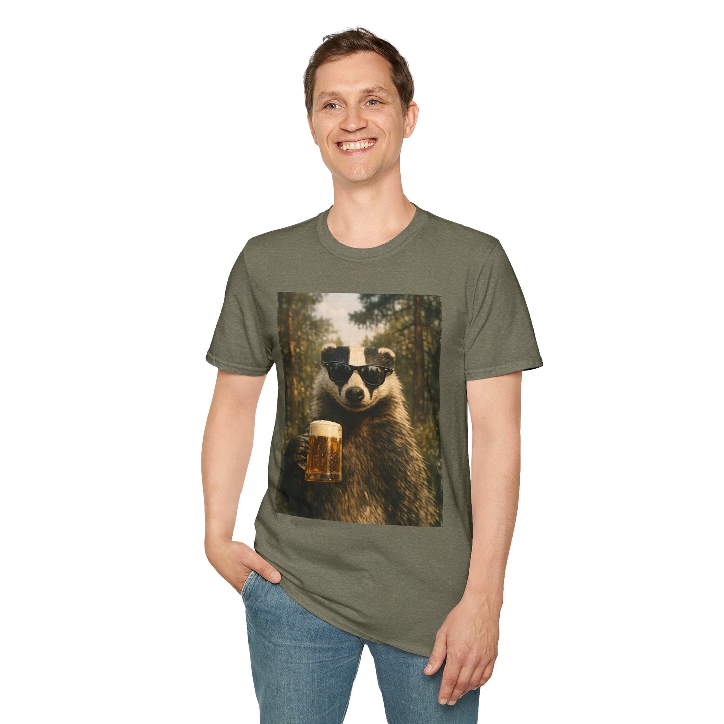 Badger Holding Beer T‑Shirt – Funny Forest Animal Drinking Tee