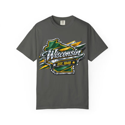 Wisconsin EST. 1848 Bold Shield T-Shirt | Green and Gold Wisconsin State Pride Tee