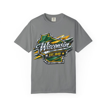 Wisconsin EST. 1848 Bold Shield T-Shirt | Green and Gold Wisconsin State Pride Tee