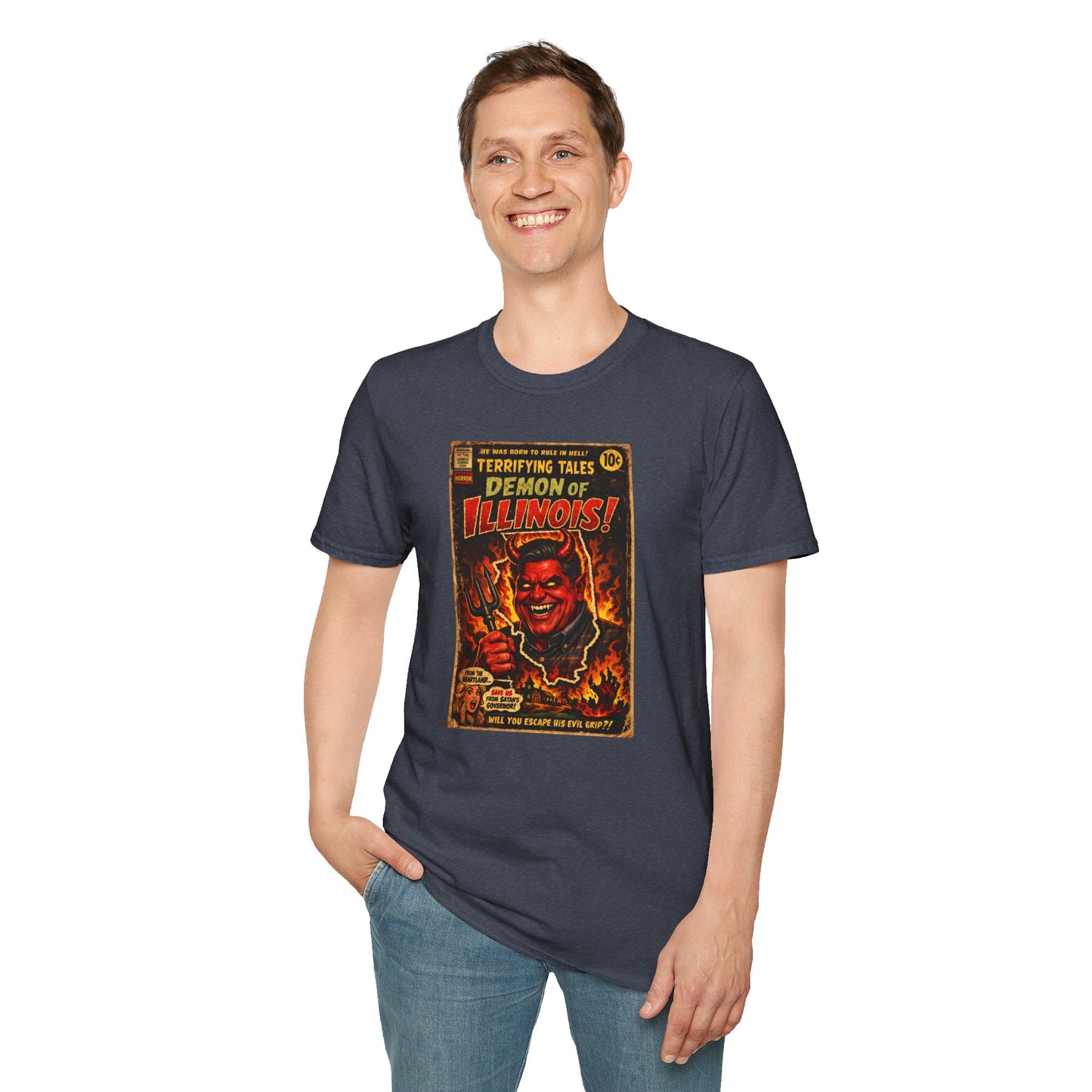 Terrifying Tales: Demon of Illinois – Vintage Horror Comic Parody T‑Shirt