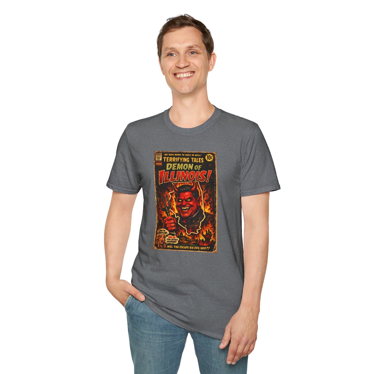 Terrifying Tales: Demon of Illinois – Vintage Horror Comic Parody T‑Shirt