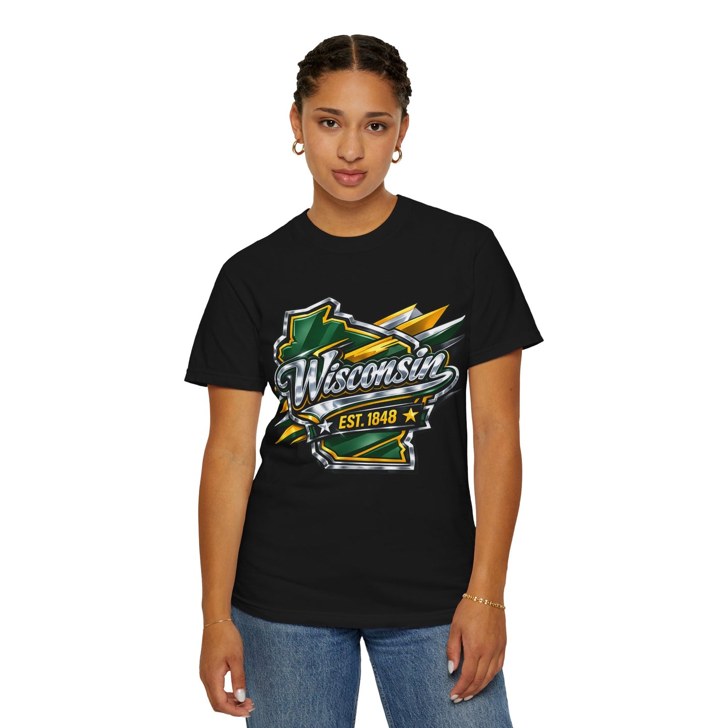 Wisconsin EST. 1848 Bold Shield T-Shirt | Green and Gold Wisconsin State Pride Tee
