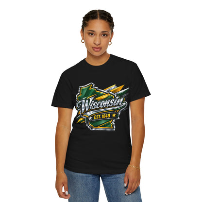 Wisconsin EST. 1848 Bold Shield T-Shirt | Green and Gold Wisconsin State Pride Tee