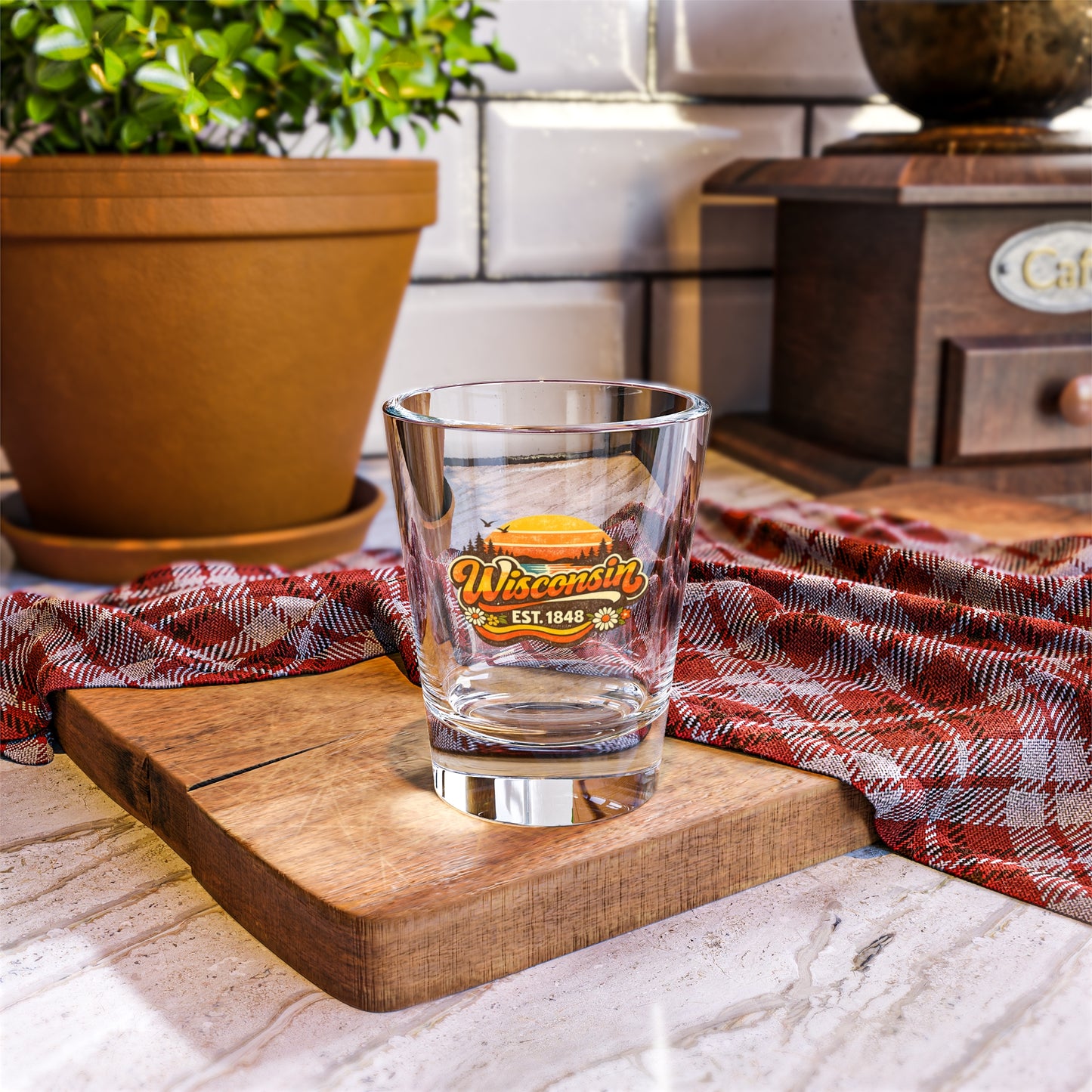 Wisconsin Retro Sunset Shot Glass — 'Wisconsin EST. 1848' Souvenir