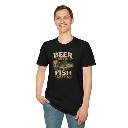 Beer Now Fish Later T‑Shirt — Funny Fishing Tee for Anglers & Beer Lovers
