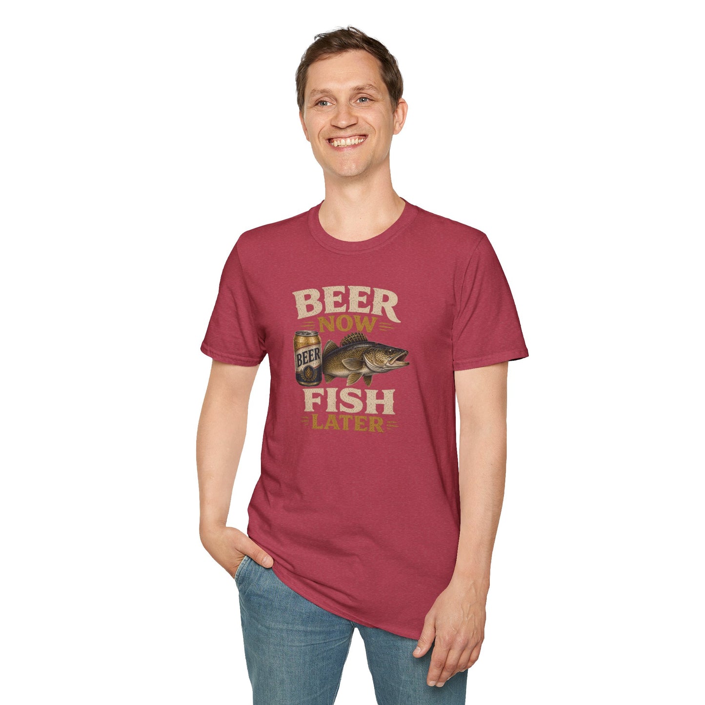 Beer Now Fish Later T‑Shirt — Funny Fishing Tee for Anglers & Beer Lovers