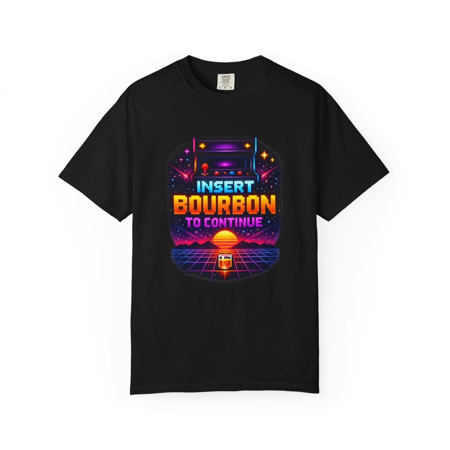 Insert Bourbon to Continue T-Shirt — Retro Neon Gamer Whiskey Tee