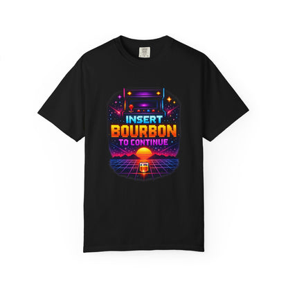 Insert Bourbon to Continue T-Shirt — Retro Neon Gamer Whiskey Tee