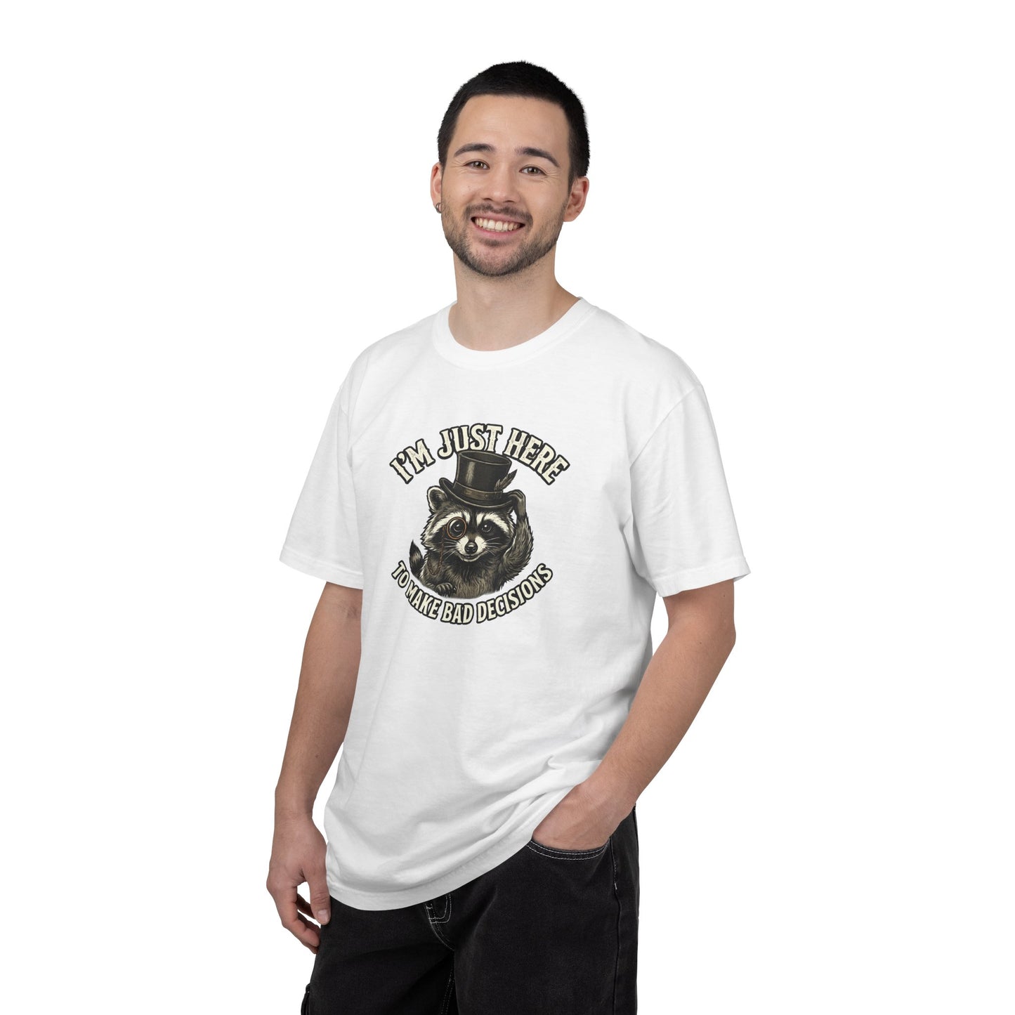 Graphic T-Shirt — “I’m Just Here to Make Bad Decisions” Raccoon Tee