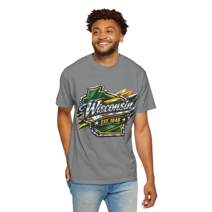 Wisconsin EST. 1848 Bold Shield T-Shirt | Green and Gold Wisconsin State Pride Tee