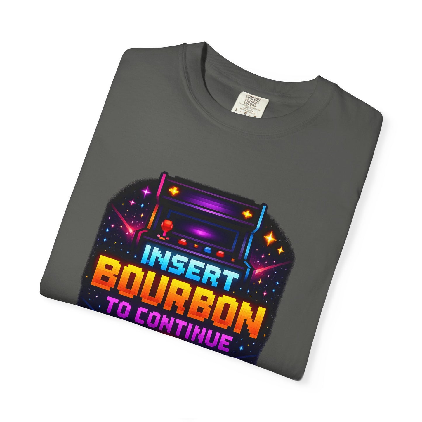 Insert Bourbon to Continue T-Shirt — Retro Neon Gamer Whiskey Tee