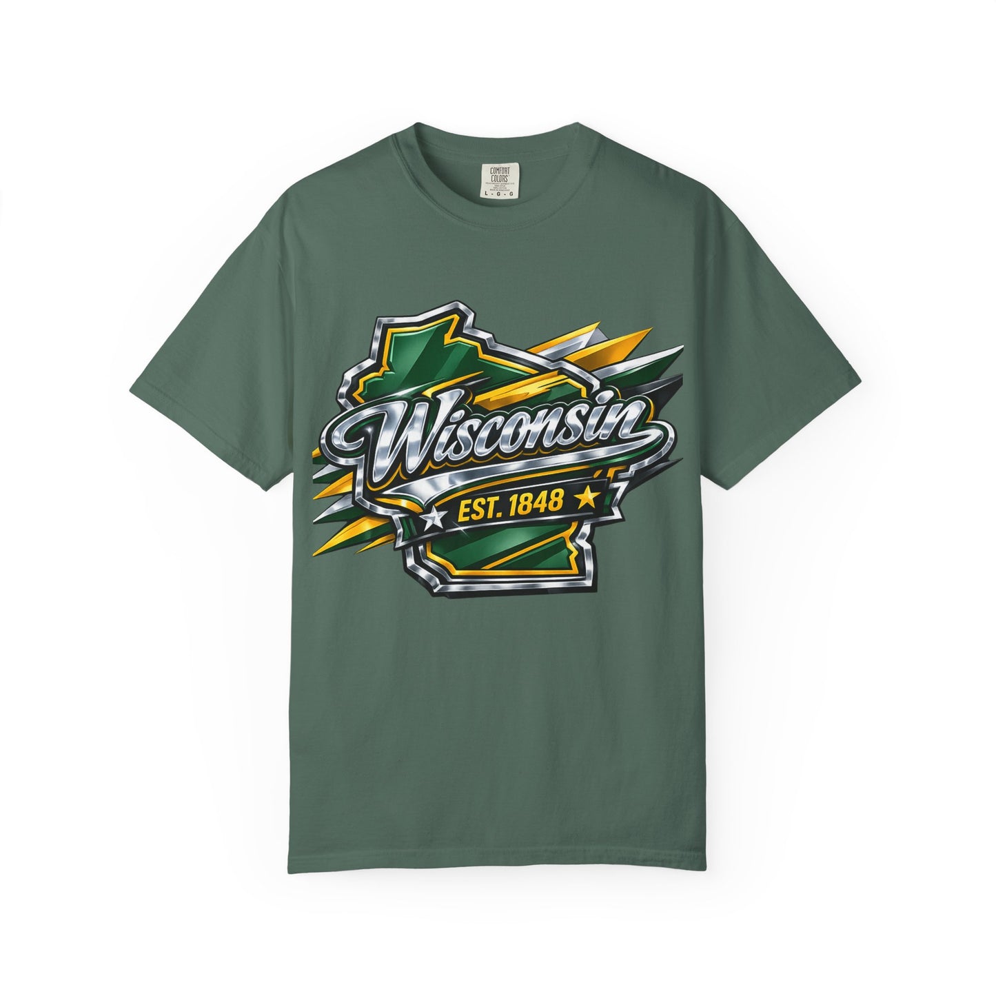 Wisconsin EST. 1848 Bold Shield T-Shirt | Green and Gold Wisconsin State Pride Tee