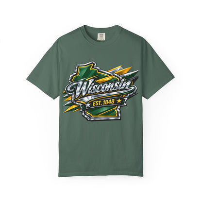 Wisconsin EST. 1848 Bold Shield T-Shirt | Green and Gold Wisconsin State Pride Tee