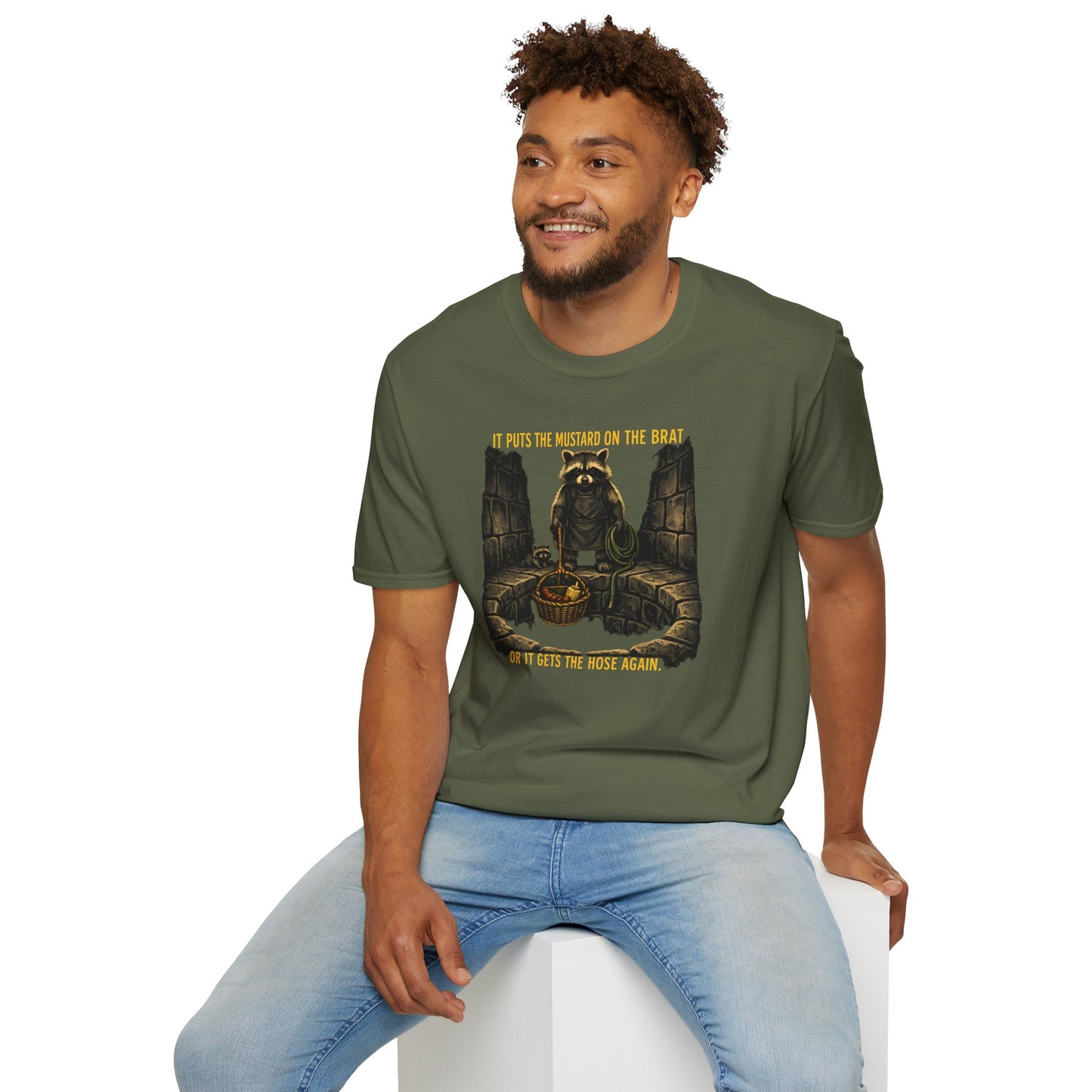 It Puts the Mustard on the Brat – Raccoon Parody Shirt