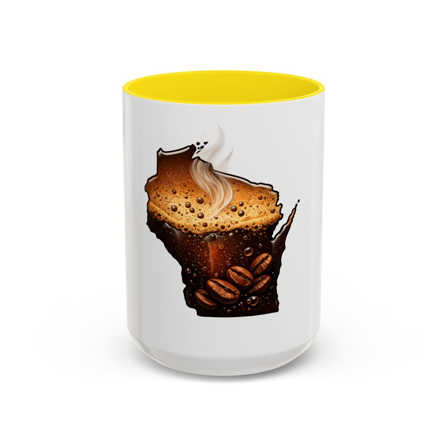 Wisconsin Coffee Mug — State-Shaped Brew with Coffee Beans Accent