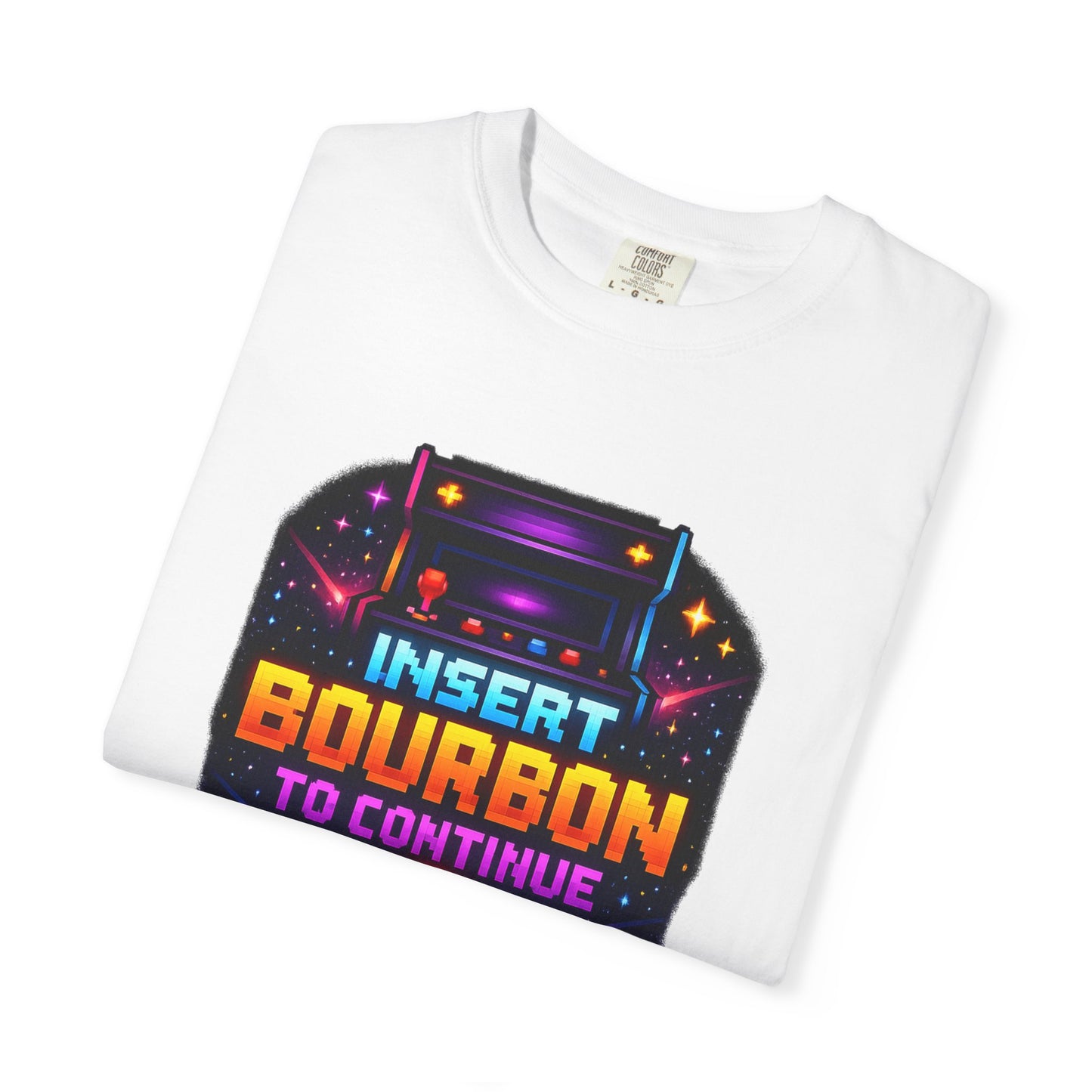 Insert Bourbon to Continue T-Shirt — Retro Neon Gamer Whiskey Tee