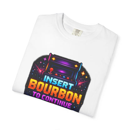 Insert Bourbon to Continue T-Shirt — Retro Neon Gamer Whiskey Tee
