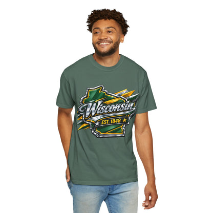 Wisconsin EST. 1848 Bold Shield T-Shirt | Green and Gold Wisconsin State Pride Tee