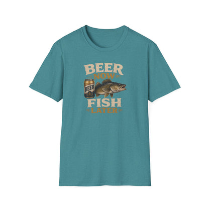 Beer Now Fish Later T‑Shirt — Funny Fishing Tee for Anglers & Beer Lovers