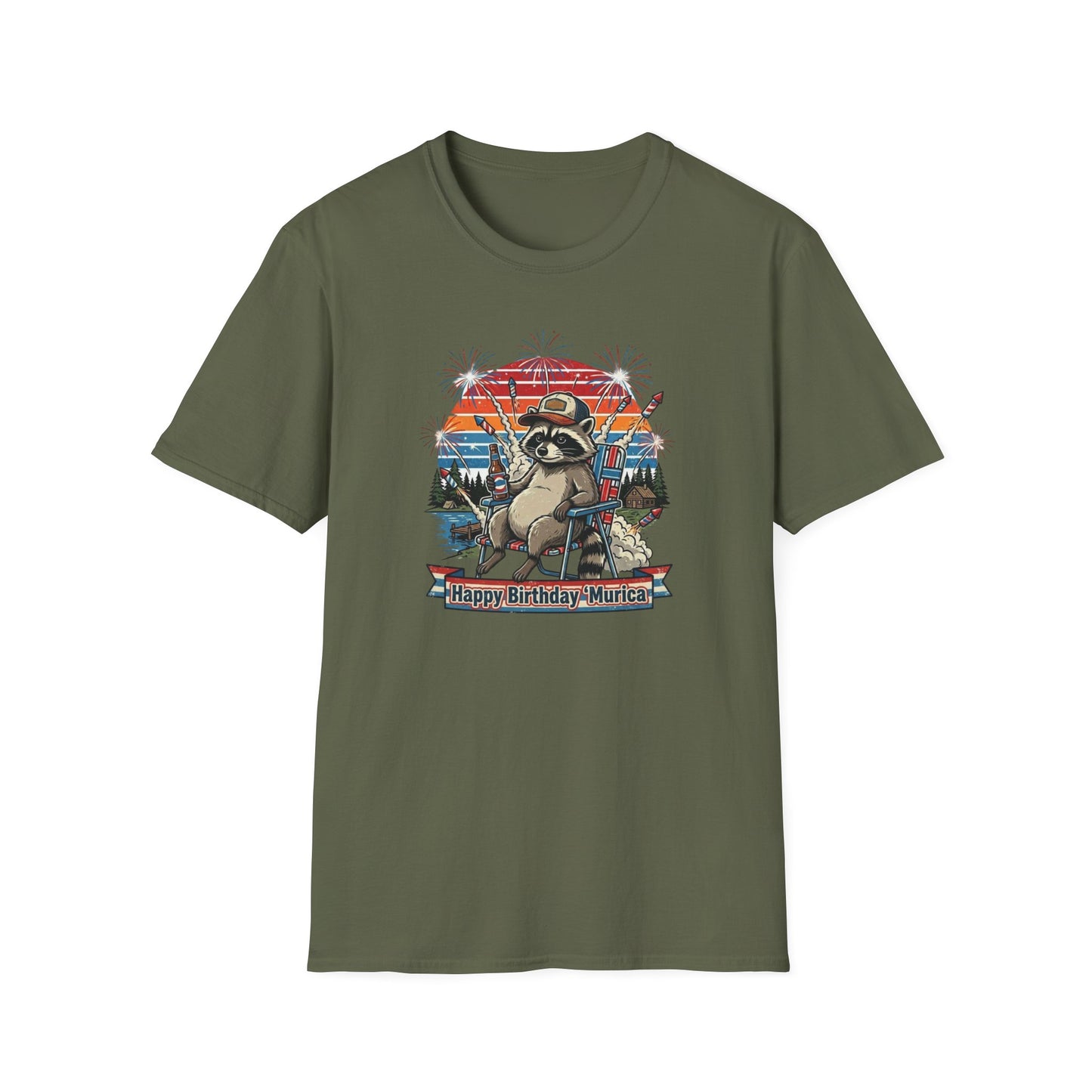 Happy Birthday ’Murica Raccoon T-Shirt – Funny Patriotic Fireworks Tee