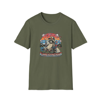 Happy Birthday ’Murica Raccoon T-Shirt – Funny Patriotic Fireworks Tee