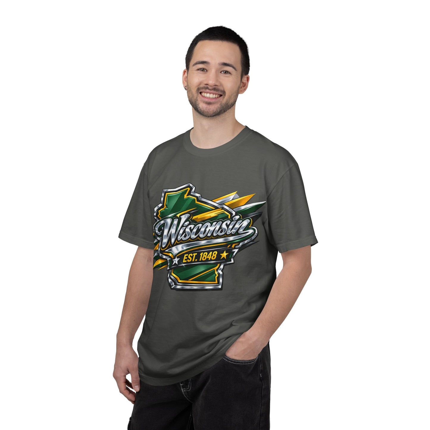 Wisconsin EST. 1848 Bold Shield T-Shirt | Green and Gold Wisconsin State Pride Tee