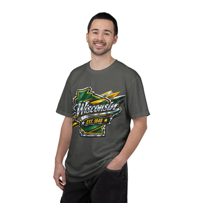 Wisconsin EST. 1848 Bold Shield T-Shirt | Green and Gold Wisconsin State Pride Tee