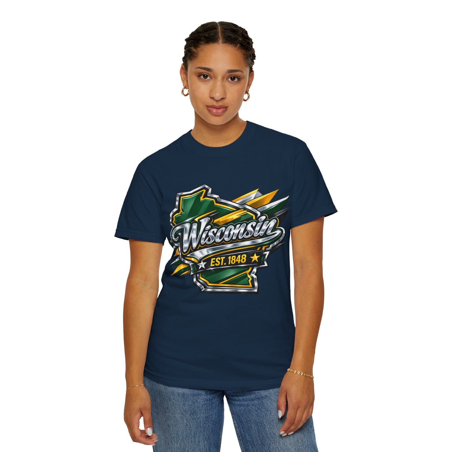 Wisconsin EST. 1848 Bold Shield T-Shirt | Green and Gold Wisconsin State Pride Tee