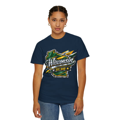 Wisconsin EST. 1848 Bold Shield T-Shirt | Green and Gold Wisconsin State Pride Tee