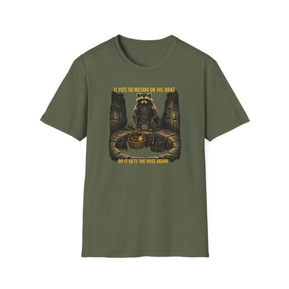 It Puts the Mustard on the Brat – Raccoon Parody Shirt