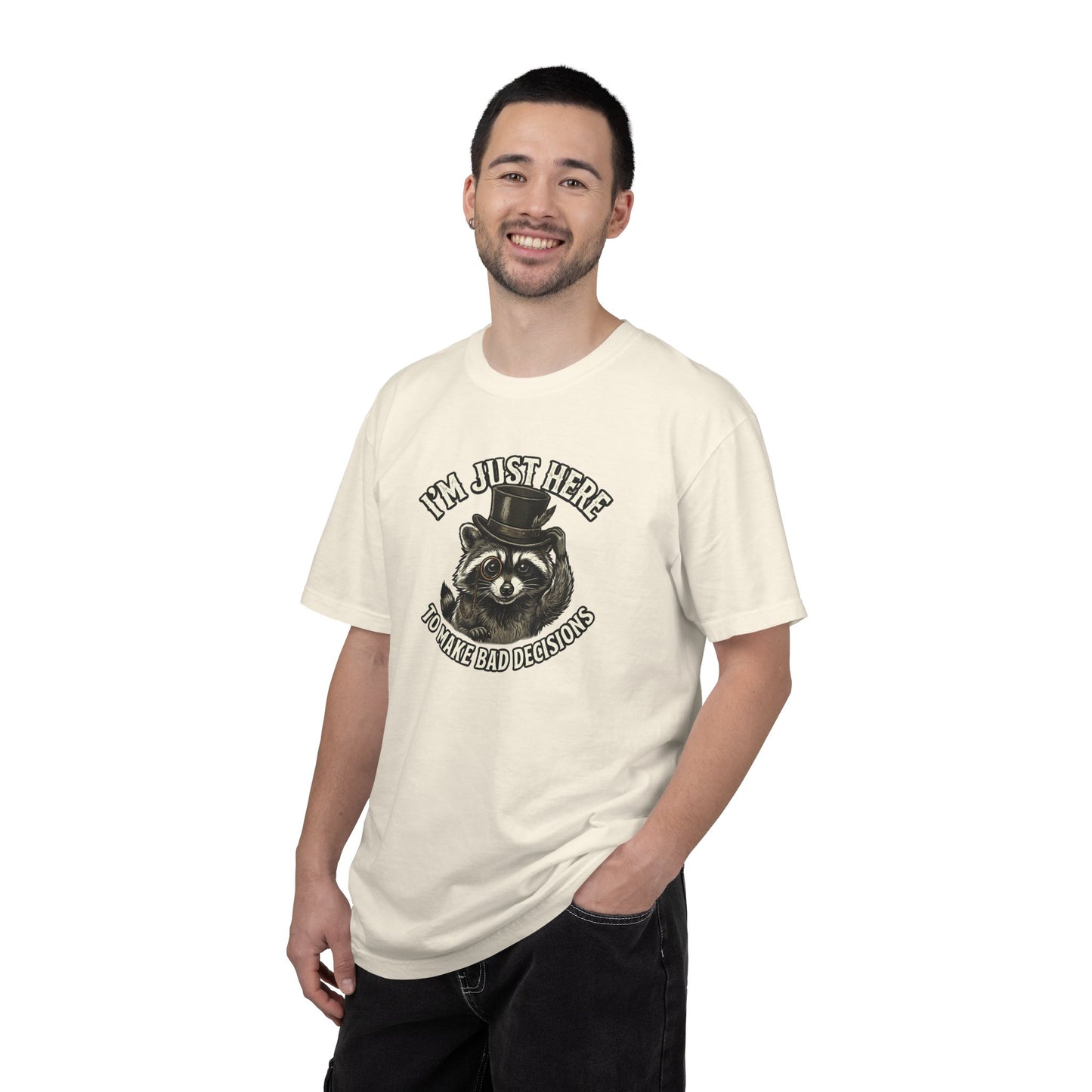Graphic T-Shirt — “I’m Just Here to Make Bad Decisions” Raccoon Tee