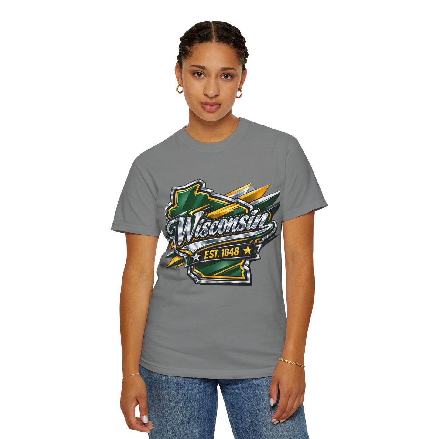 Wisconsin EST. 1848 Bold Shield T-Shirt | Green and Gold Wisconsin State Pride Tee