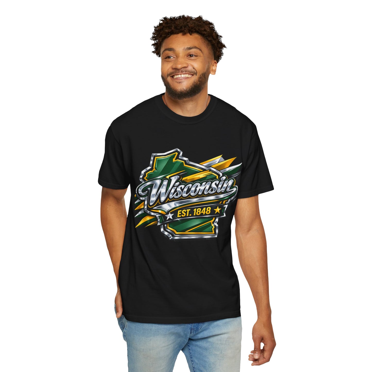 Wisconsin EST. 1848 Bold Shield T-Shirt | Green and Gold Wisconsin State Pride Tee