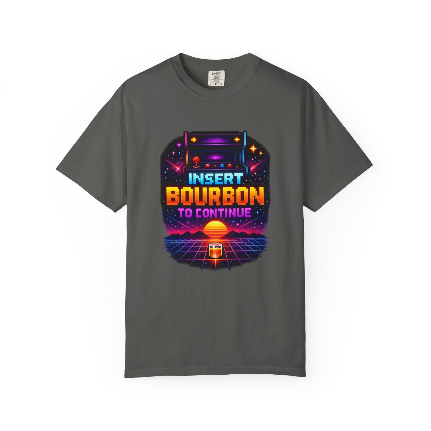 Insert Bourbon to Continue T-Shirt — Retro Neon Gamer Whiskey Tee