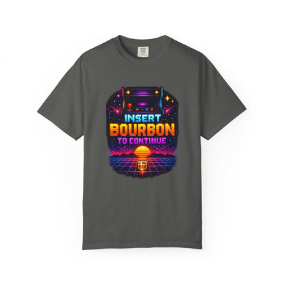 Insert Bourbon to Continue T-Shirt — Retro Neon Gamer Whiskey Tee