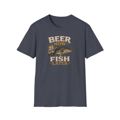 Beer Now Fish Later T‑Shirt — Funny Fishing Tee for Anglers & Beer Lovers