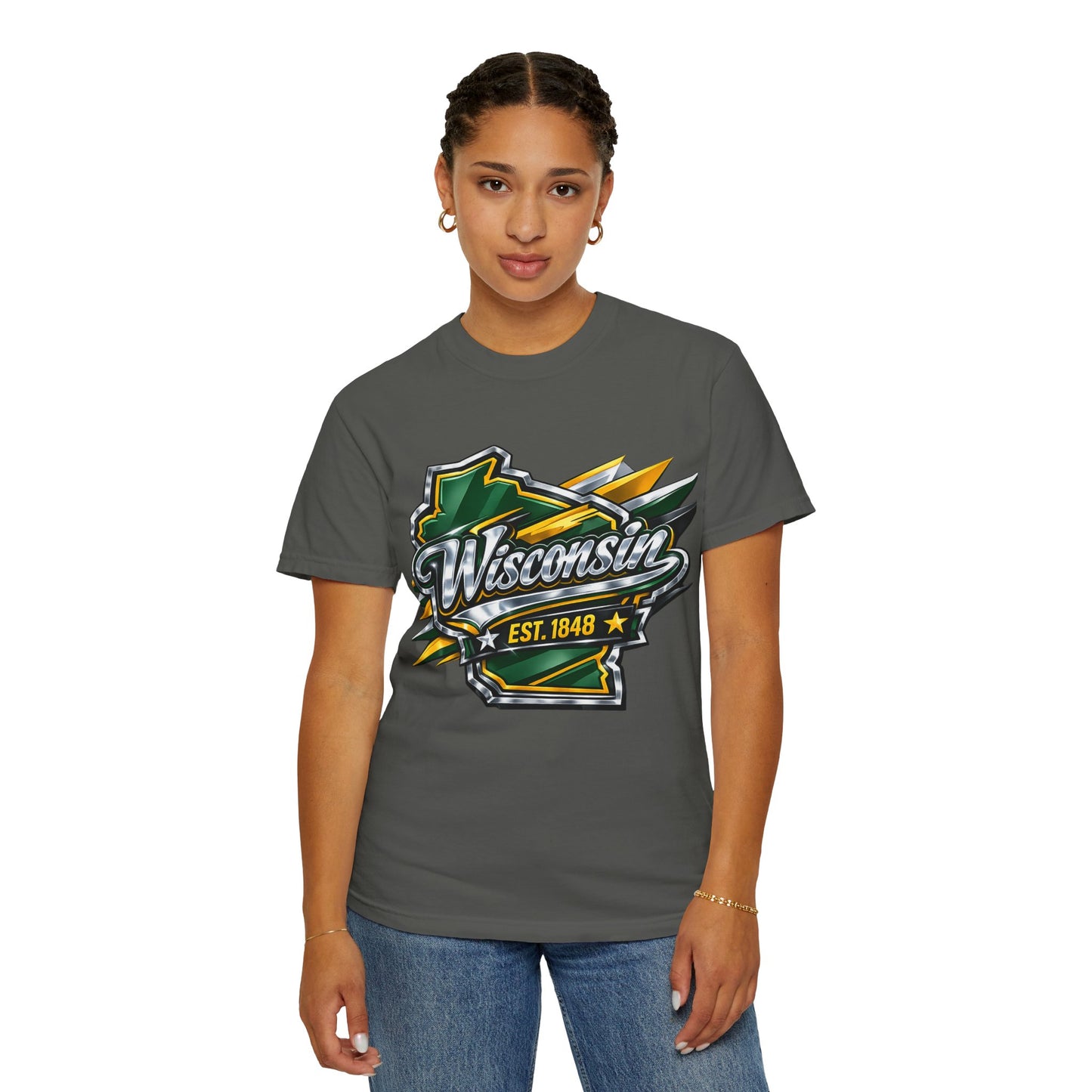 Wisconsin EST. 1848 Bold Shield T-Shirt | Green and Gold Wisconsin State Pride Tee
