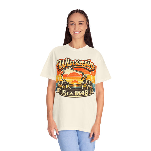 Wisconsin Retro Sunset T-Shirt — EST. 1848 Vintage State Pride Tee