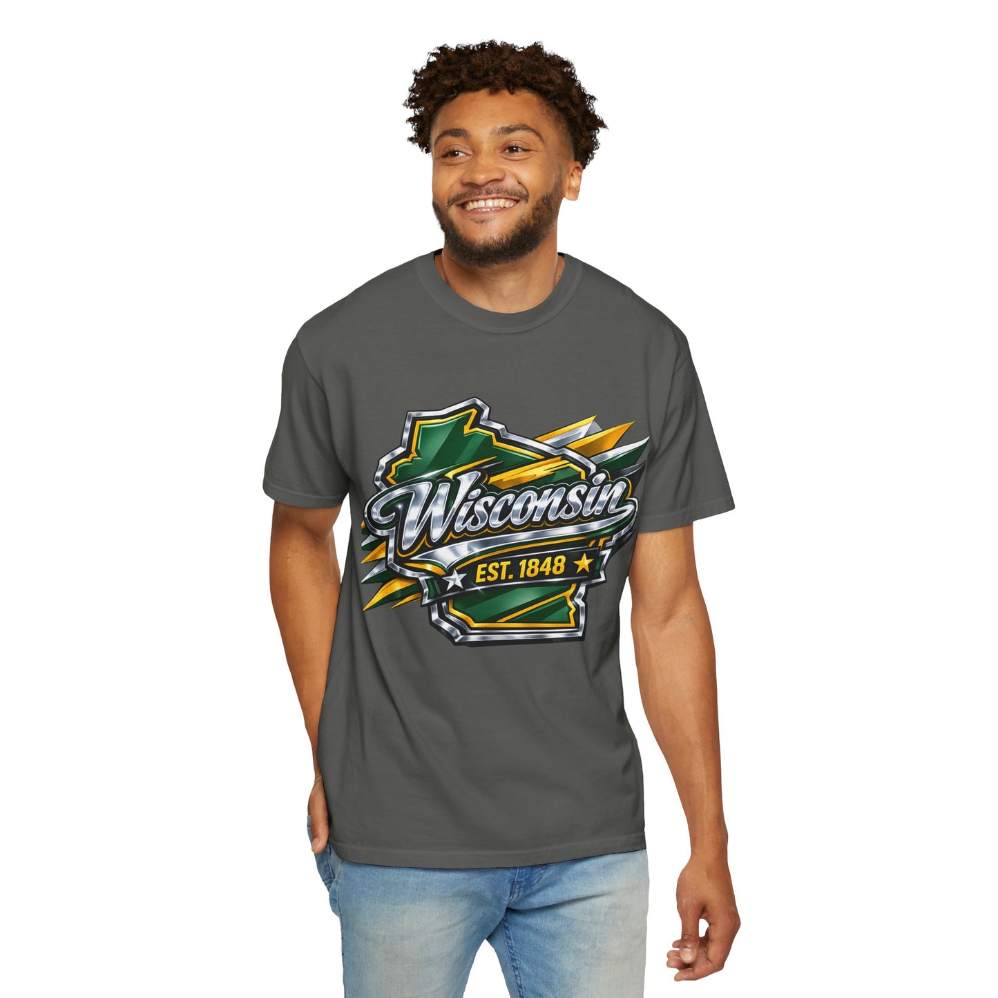 Wisconsin EST. 1848 Bold Shield T-Shirt | Green and Gold Wisconsin State Pride Tee