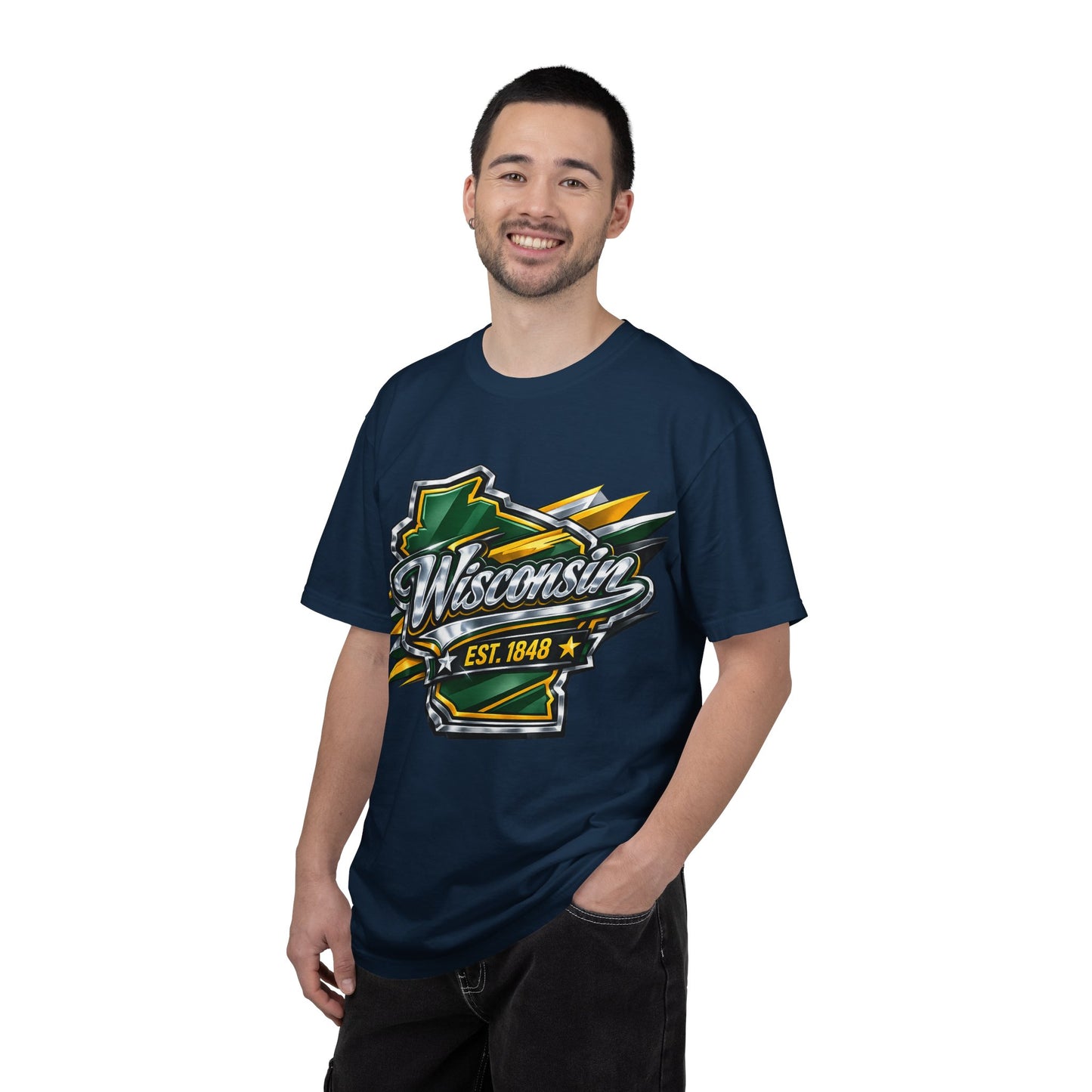 Wisconsin EST. 1848 Bold Shield T-Shirt | Green and Gold Wisconsin State Pride Tee