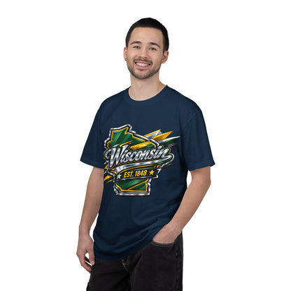 Wisconsin EST. 1848 Bold Shield T-Shirt | Green and Gold Wisconsin State Pride Tee