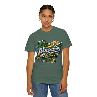 Wisconsin EST. 1848 Bold Shield T-Shirt | Green and Gold Wisconsin State Pride Tee
