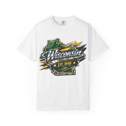 Wisconsin EST. 1848 Bold Shield T-Shirt | Green and Gold Wisconsin State Pride Tee
