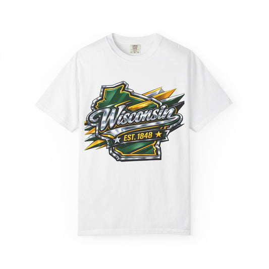 Wisconsin EST. 1848 Bold Shield T-Shirt | Green and Gold Wisconsin State Pride Tee