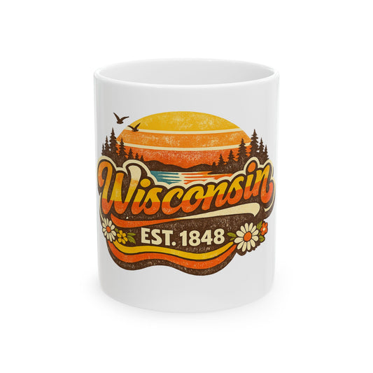 Wisconsin Retro Sunrise Ceramic Mug — EST. 1848, Vintage State Pride Coffee Cup