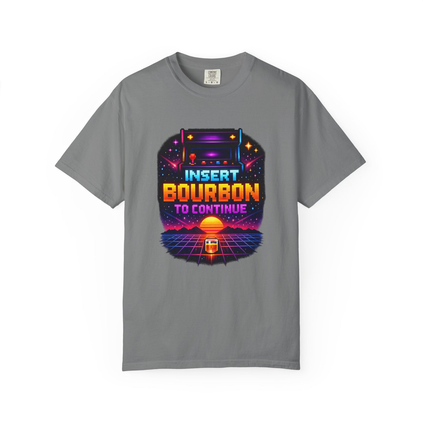 Insert Bourbon to Continue T-Shirt — Retro Neon Gamer Whiskey Tee