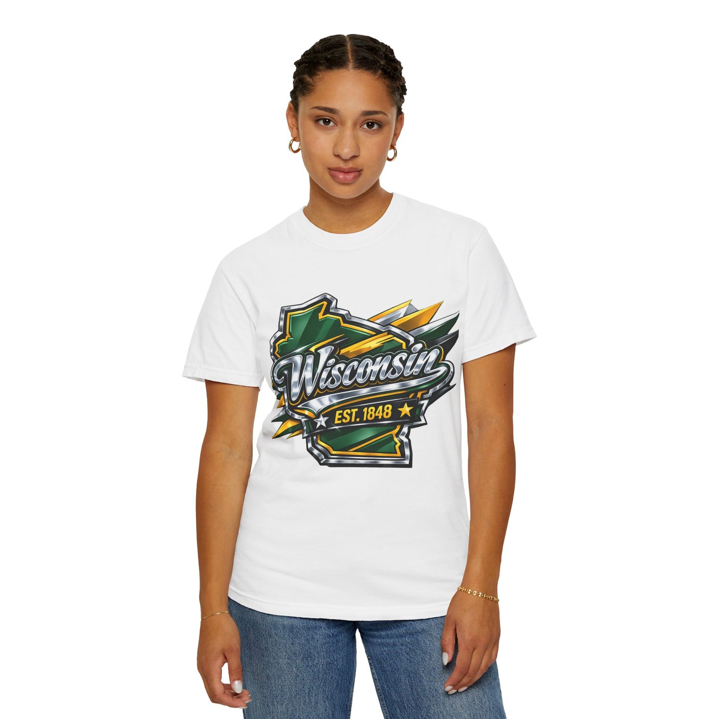 Wisconsin EST. 1848 Bold Shield T-Shirt | Green and Gold Wisconsin State Pride Tee